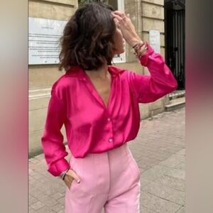 Vintage Peter Martin Pink Silk Button Down Long Sleeve Blouse Womens Size 10